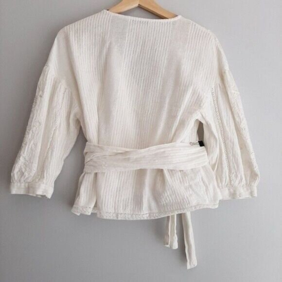 ZARA Cotton Linen Blend Boho Floral Embroidery Wrap Top Sz S - Picture 9 of 13